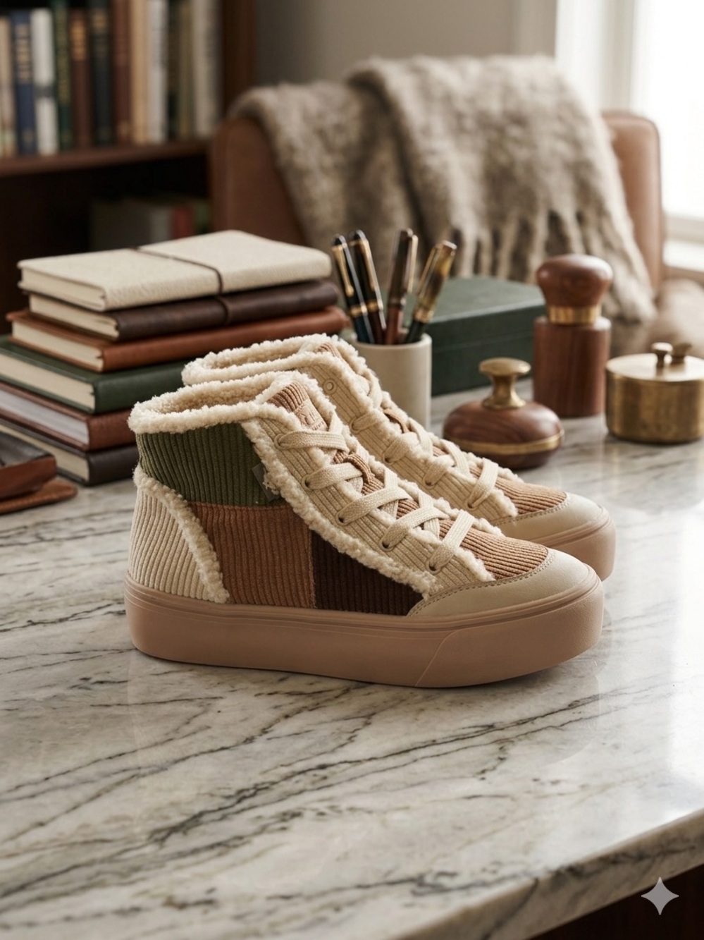 Rocket Dog Cream Shearling Lined High-Top Sneakers with Orange Logo Accent
